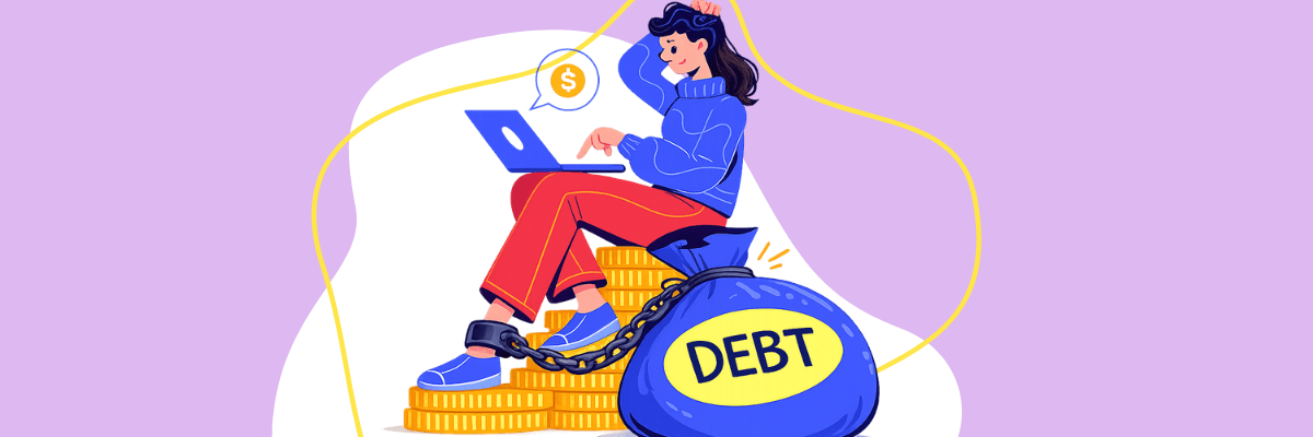A cartoon illustration shows a person sitting on stacks of gold coins while working on a laptop, with one ankle chained to a large blue bag labeled "DEBT." A speech bubble with a dollar sign appears above them against a light purple background.
