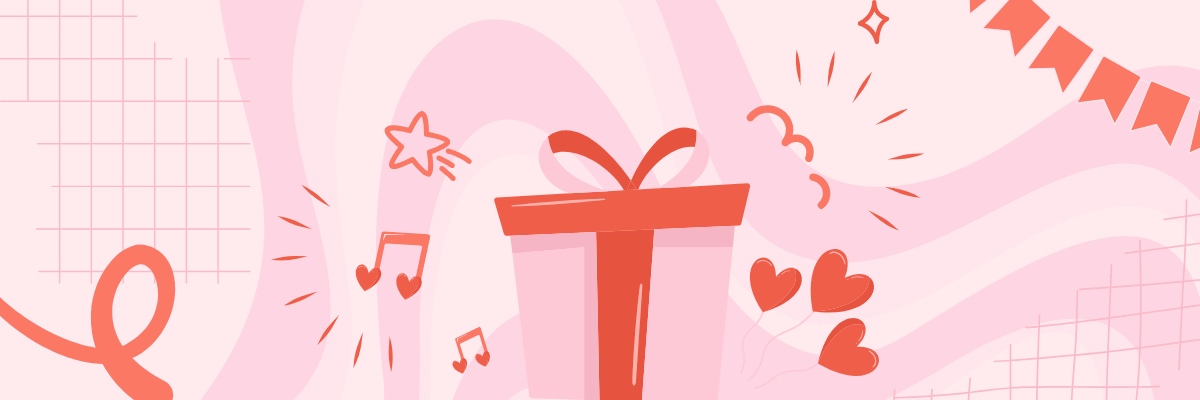 A pink graphic features a large wrapped gift box surrounded by hearts, stars, music notes, and decorative swirls. The background includes soft abstract patterns and celebratory design elements.