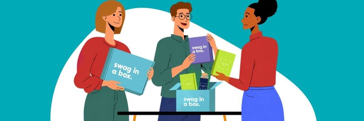 Three illustrated coworkers stand together holding colorful boxes labeled “swag in a box.” Open boxes show small promotional items, while the group appears to be exchanging the packages.