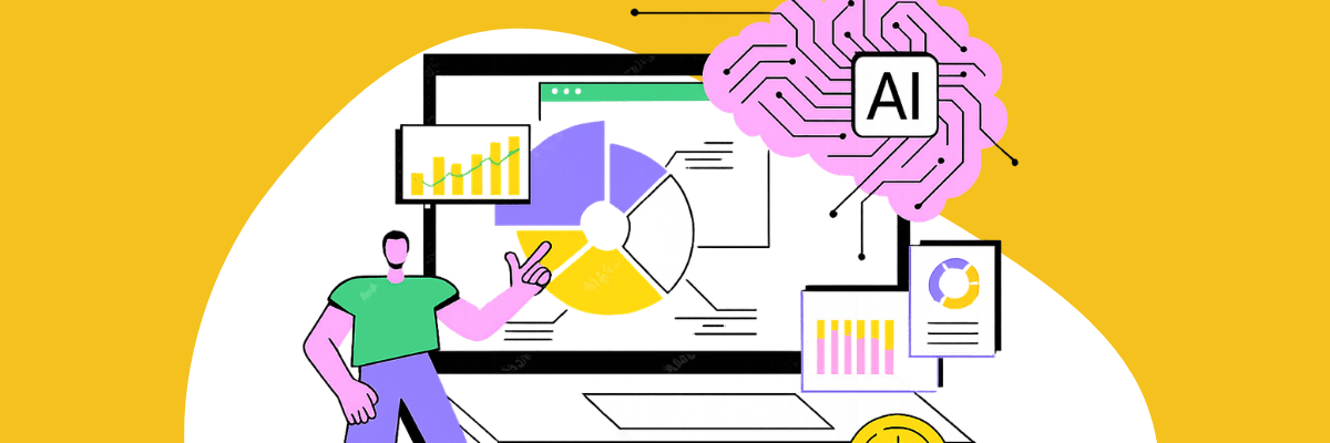 An illustration shows a person standing beside a large computer screen displaying charts and graphs. A pink brain labeled “AI” with circuit patterns appears above the screen alongside additional data visualizations.