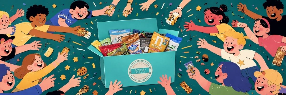 An illustrated banner shows a group of excited children reaching toward a large turquoise box filled with assorted snacks. Colorful confetti and individual snacks are scattered around the box, which is labeled “Simpalo Snacks.”
