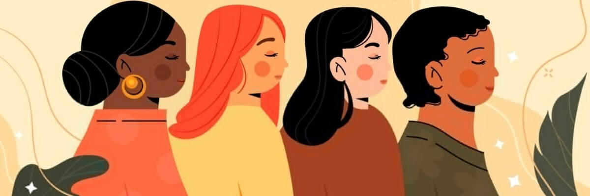Four illustrated women with different hairstyles, skin tones, and outfits stand side by side in profile with their eyes closed. Soft cream-colored shapes, leafy accents, and small white sparkles surround them.