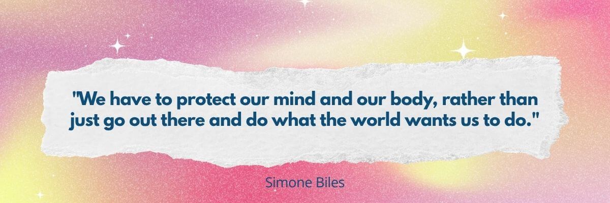 A pastel pink, yellow, and purple textured background features a torn white paper panel in the center. The panel displays a quote by Simone Biles about protecting the mind and body instead of simply doing what the world expects.