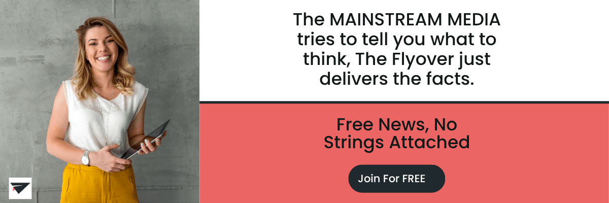 A promotional graphic for The Flyover shows a smiling woman holding a tablet on the left beside a text panel. The right side reads, “The MAINSTREAM MEDIA tries to tell you what to think. The Flyover just delivers the facts,” with a “Join For FREE” button below.