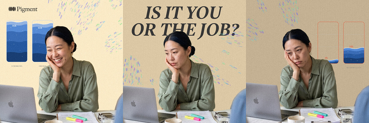 A split graphic asks, “Is it you or the job?” and shows the same woman at her laptop in three different moods. Small charts labeled with measures such as strengths, energy, and authenticity appear around her, while papers, highlighters, and a coffee cup sit on the desk.