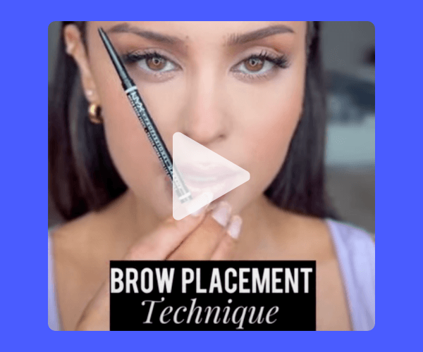 A close-up of a woman holding an eyebrow pencil near her face. Text at the bottom reads, “BROW PLACEMENT Technique.”