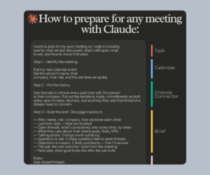 A dark graphic on a gray background is headed βHow to prepare for any meeting with Claude.β A long prompt fills the left side, while colored bars on the right are labeled βTask,β βCalendar,β βGranola Connector,β and βBrief.β