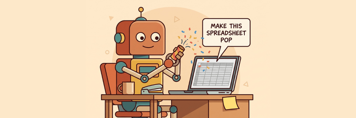 A cartoon robot sits at a desk beside an open laptop. Confetti surrounds the laptop, which has a speech bubble reading “MAKE THIS SPREADSHEET POP.”