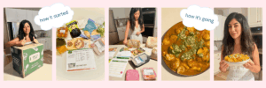 Five photos sit side by side on a pale pink background. A woman poses with a Green Chef box, lays out ingredients, prepares food, and holds a finished dish; the labels above the photos read “how it started” and “how it’s going.”