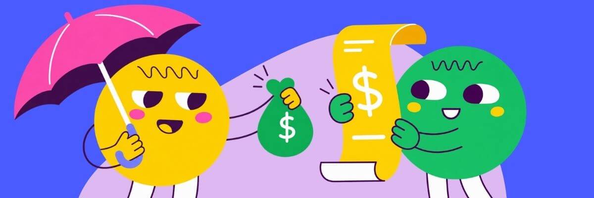 A colorful illustration on a bright blue background shows two cartoon characters, one yellow and one green, exchanging a money bag and holding a large dollar bill. A pink umbrella and lavender abstract shape add playful details to the scene.