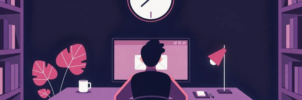 A purple-toned illustration shows a person sitting at a desk and working on a computer in a dimly lit room. A clock hangs above the monitor, with bookshelves, plants, a desk lamp, and a coffee mug surrounding the workspace.