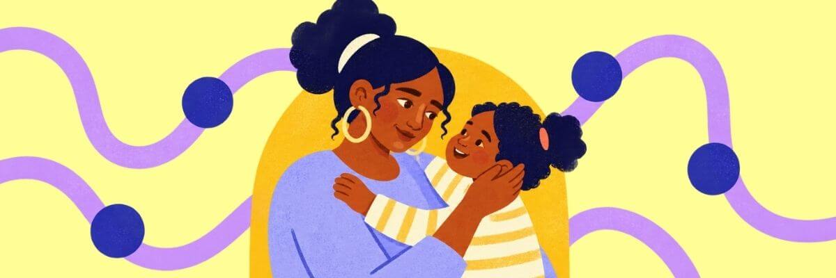 Illustrated woman holding a young child in front of a large yellow circular shape. Purple wavy lines with blue circles extend across the pale yellow background.