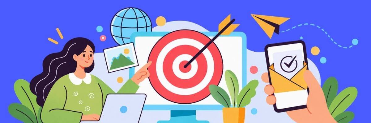 Illustrated woman pointing toward a large red-and-white target displayed on a computer monitor. A hand holding a smartphone with a checkmark, a paper airplane, a globe, plants, and small colored shapes surround the monitor.