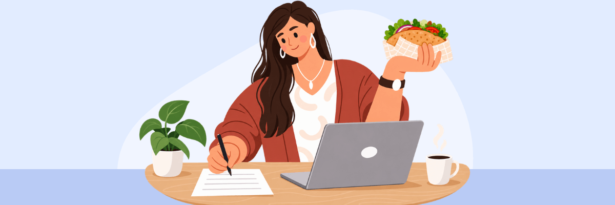 An illustrated woman sits at a desk with a laptop, writing on paper while holding a sandwich. A potted plant and a cup are beside her.