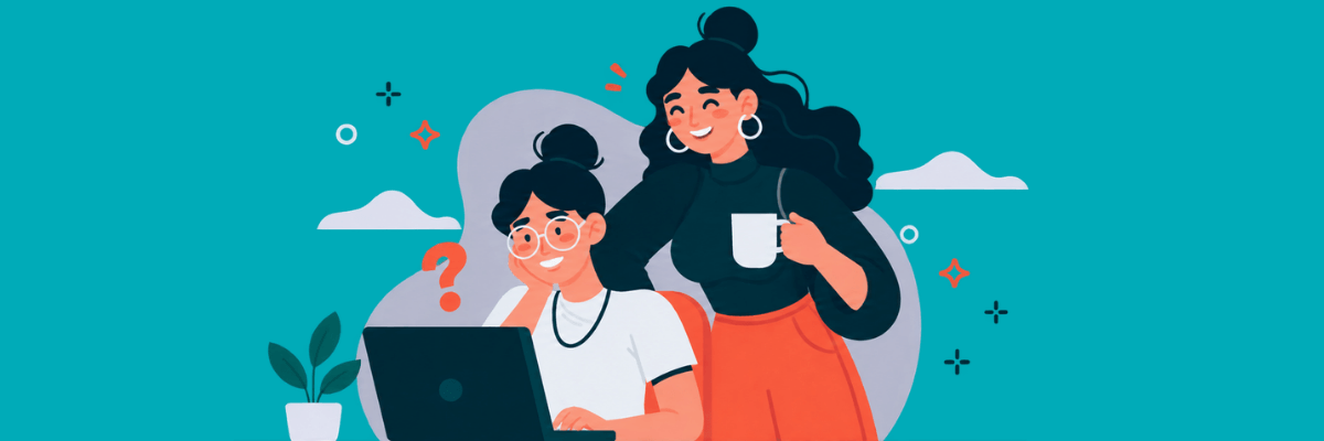 Against a teal background, an illustrated woman looks at a laptop while another stands behind her holding a white mug. A potted plant, clouds, and a red question mark appear around them.