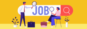 Two illustrated people hold magnifying glasses beside a large search bar on a yellow background. The word “JOB” appears inside the bar, with briefcases and potted plants below.