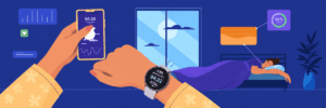 Illustrated hands hold a phone and wear a smartwatch in a dark blue room. In the background, a person lies in bed beneath a purple blanket, with a window, plant, and small charts nearby.