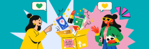 Two illustrated women face each other across an open yellow box filled with colorful items. Heart symbols appear in speech bubbles above them against a teal and pink background.