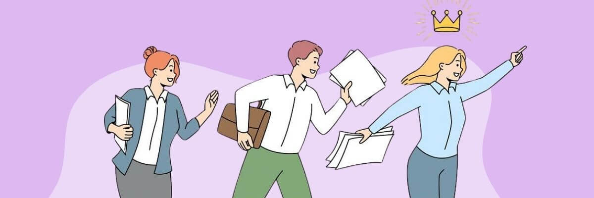 A pastel illustration on a lavender background shows three coworkers holding documents and folders, with one person pointing ahead and a small crown above her.
