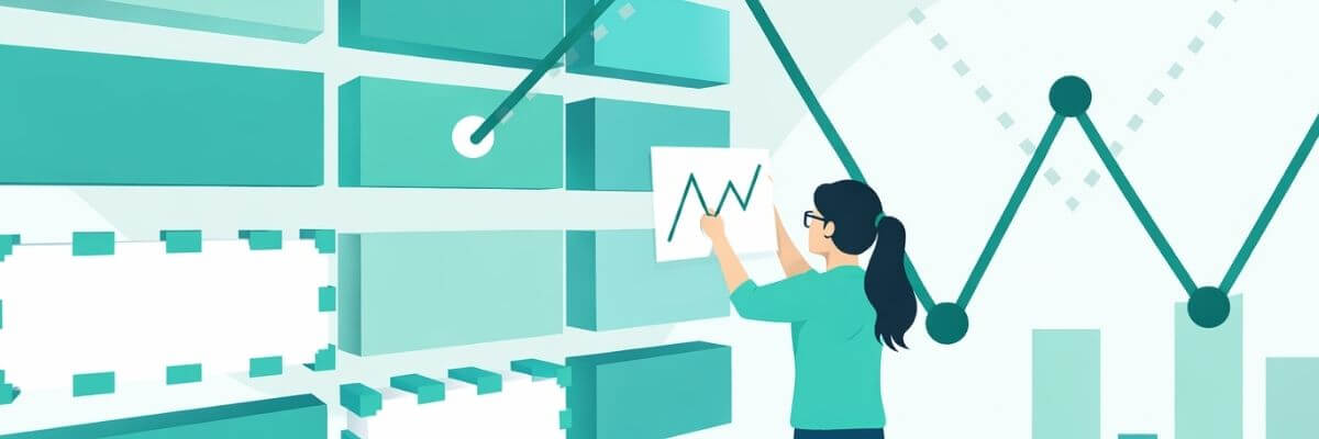 A clean illustration on a light teal and white background shows a woman placing a chart on a wall of teal blocks. A large upward-trending line graph appears behind her, suggesting growth and progress.