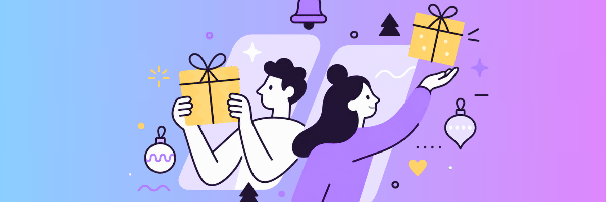 Blue-to-purple gradient background with two illustrated people holding yellow gift boxes with bows. Decorative ornaments, stars, a Christmas tree, a heart, and other small shapes appear around them.