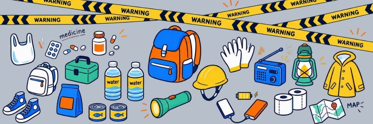A light gray illustration is surrounded by yellow-and-black “WARNING” tape and shows emergency and travel supplies, including medicine, water bottles, a backpack, helmet, gloves, flashlight, radio, lantern, raincoat, toilet paper, batteries, and a map.