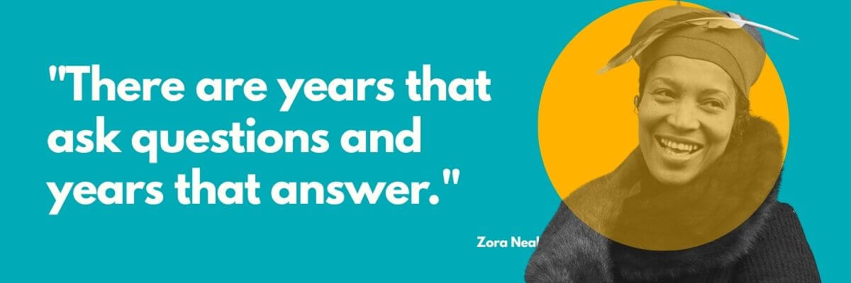 A teal graphic features a black-and-white portrait of a smiling woman inside a large yellow circle. White text reads, “There are years that ask questions and years that answer.”