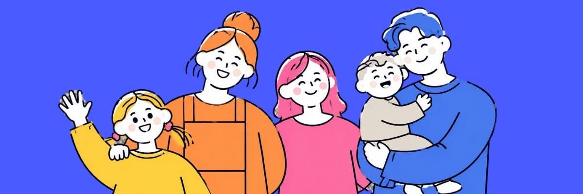 A simple cartoon illustration shows two adults standing behind two children, with all four people smiling and facing forward. The characters are drawn against a plain light background with soft colors.