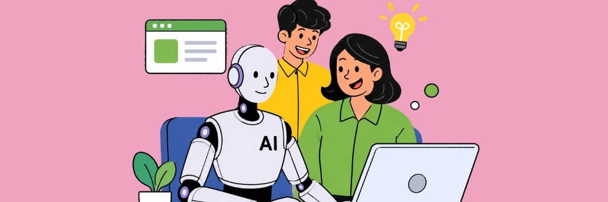The image shows a white humanoid robot labeled “AI” sitting in front of a laptop, with two people standing behind it. A small browser window, a potted plant, and a light bulb icon are also visible against a pink background.