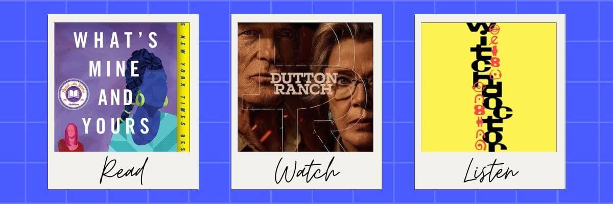 Three Polaroid-style cards display a book, a television series, and an album cover. Handwritten labels below the cards read “Read,” “Watch,” and “Listen.”