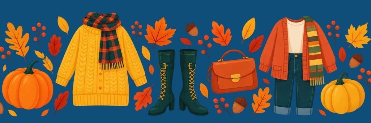 An illustrated yellow sweater, plaid scarf, green boots, orange handbag, and red cardigan are arranged across a dark blue background. Pumpkins, leaves, berries, and acorns surround the clothing.