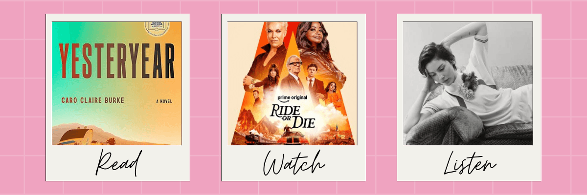 A pink background with a grid pattern contains three framed panels. The panels feature a book cover labeled “Yesterday,” a “Ride or Die” poster, and a black-and-white photo of a woman sitting on a couch, with “Read,” “Watch,” and “Listen” written below.