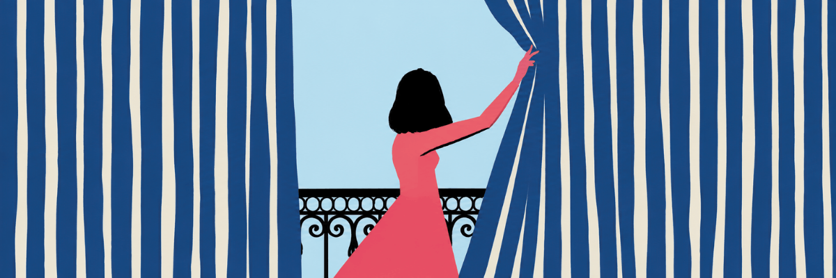 A blue-and-white striped curtain is pulled open in the center. A person in a bright pink dress stands behind the curtain with one arm raised.