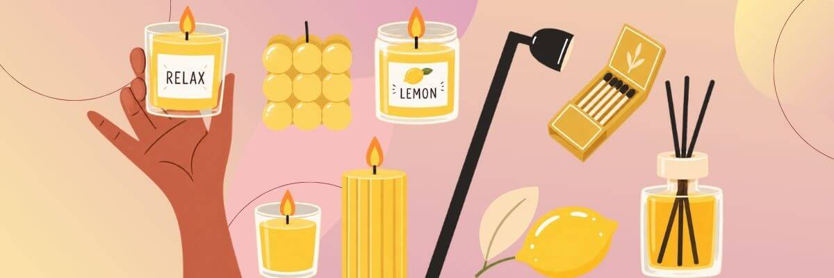 An illustration shows several yellow candles, including one labeled “RELAX” and another labeled “LEMON,” arranged with a lemon, diffuser sticks, incense, and a small box of matches. A hand holds one of the candles against a soft pink and peach background.
