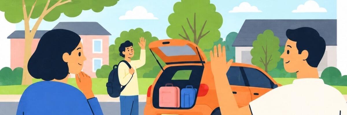 A colorful illustration shows two people waving goodbye as another person stands beside an orange car with its trunk open and luggage inside. The scene takes place in a quiet residential neighborhood with houses, trees, and a bright blue sky.