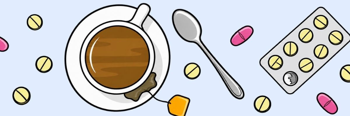 A simple illustration of a cup of tea on a saucer with a tea bag hanging over the edge. A spoon, yellow tablets, pink capsules, and a blister pack of tablets are arranged around the cup.