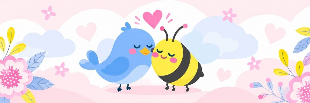 An illustration of a blue bird and a yellow-and-black bee standing close together with their eyes closed. Pink hearts, flowers, leaves, and pastel cloud shapes decorate the background.