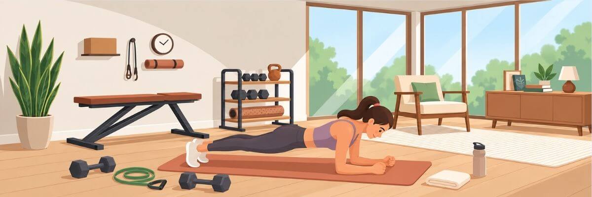 A woman is doing a plank exercise on a mat in a bright home workout space. Dumbbells, resistance bands, a bench, exercise equipment, and a water bottle are visible around her.
