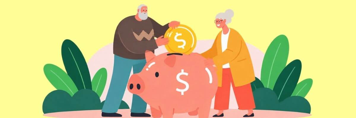 Two older adults stand beside a large pink piggy bank with dollar signs. One person holds a large coin above the piggy bank, while green plants fill the background.