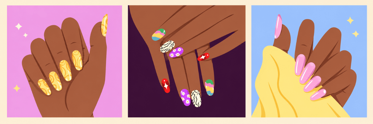 Three illustrated hands with long decorated nails appear in separate panels. The panels have pink, dark purple, and light blue backgrounds.
