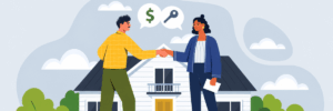 Two illustrated people shake hands in front of a white house. Speech bubbles above them contain a dollar sign and a key.