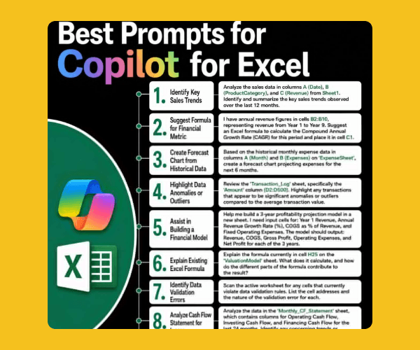 A black infographic on a yellow background features the heading “Best Prompts for Copilot for Excel.” Eight numbered prompts appear alongside Microsoft Copilot and Excel logos, with white text boxes containing examples.