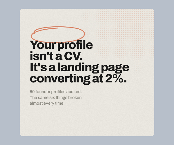 A beige graphic with a gray-blue border features bold black text reading “Your profile isn't a CV. It's a landing page converting at 2%.” Smaller gray text underneath reads “60 founder profiles audited. The same six things broken almost every time.”