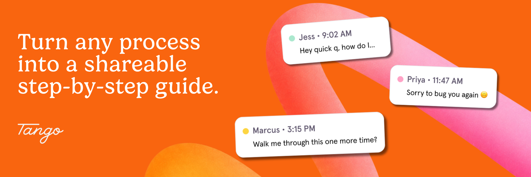 Three message cards appear on the left beside a browser window titled “How to submit an expense.” Large text on the right reads, “The person everyone asks just got backup,” above the orange Tango logo.