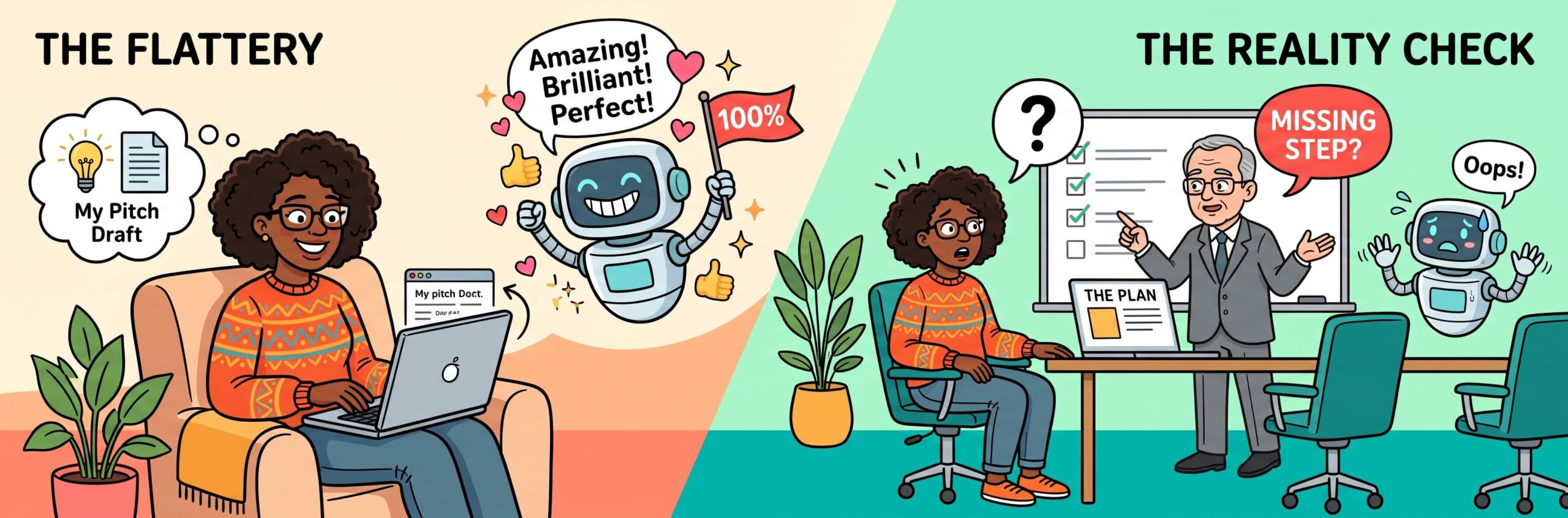 A split illustration titled “THE FLATTERY” and “THE REALITY CHECK” shows a woman using a laptop beside a smiling robot praising her work. On the right, the woman looks surprised as a man points to a checklist with a “MISSING STEP?” speech bubble.