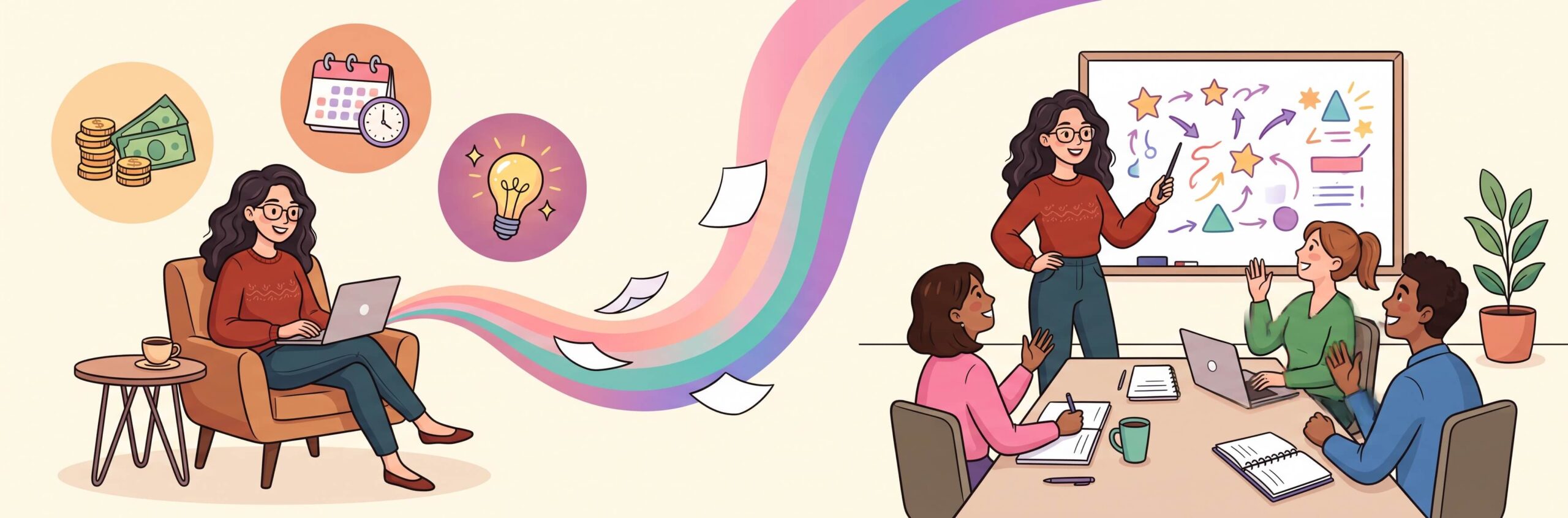 A woman works on a laptop beside icons of money, a calendar, and a light bulb, with colorful ribbons leading to a group meeting where she presents ideas.