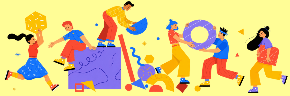 Several illustrated people interact with colorful geometric shapes against a pale yellow background. The figures wear bright red, blue, orange, yellow, and purple clothing.