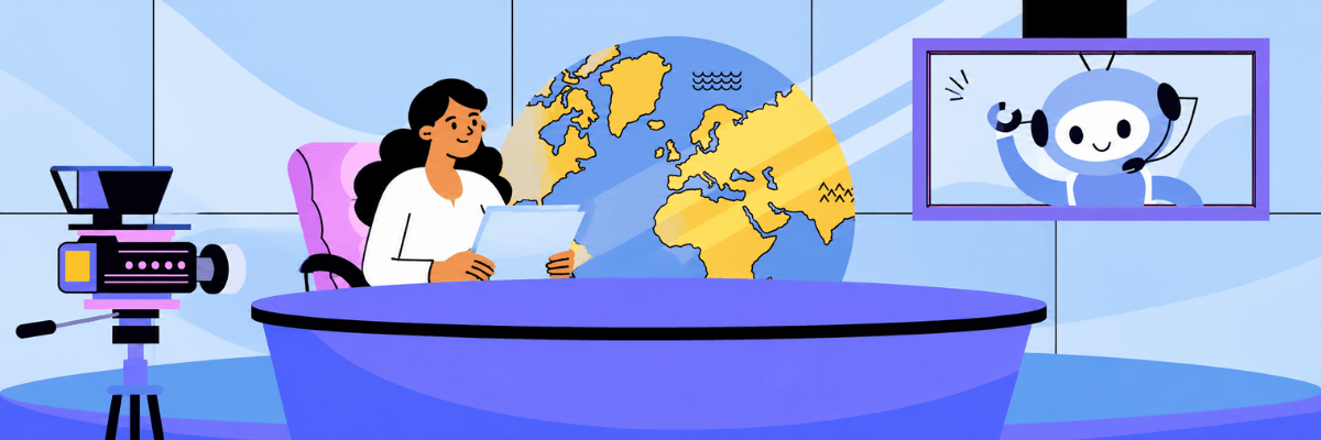 An illustrated woman sits behind a purple news desk holding papers, with a video camera on the left and a globe graphic behind her. A screen on the right displays a smiling headset-wearing robot.
