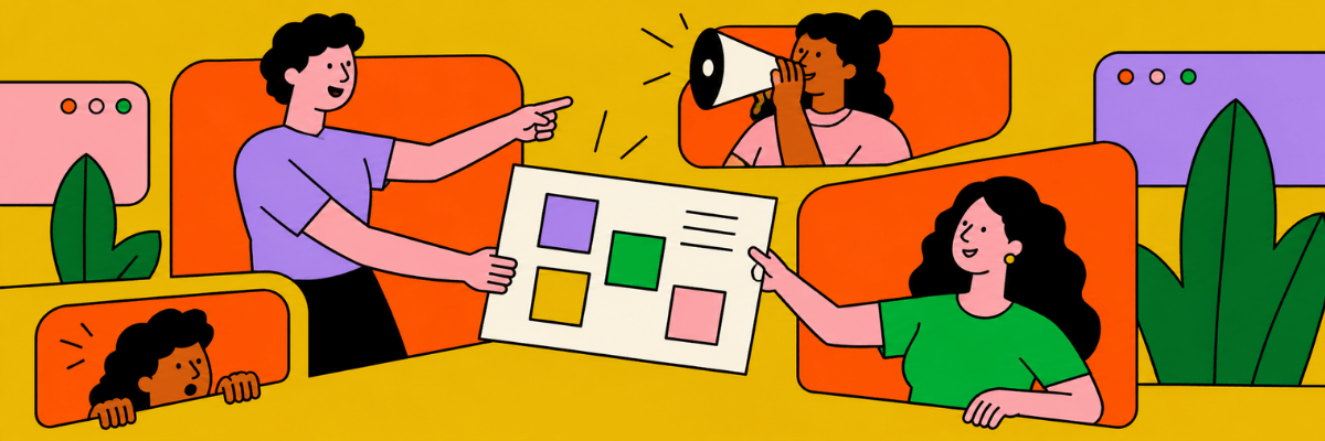 A colorful illustration features four cartoon people inside orange panels against a bright yellow background. One person holds a chart with colored squares, another points toward it, a third speaks through a megaphone, and a fourth peeks over a panel.