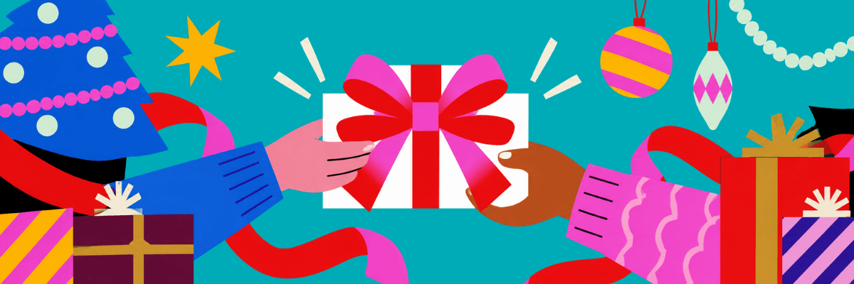 Two illustrated hands exchange a white gift box wrapped with a large red and pink ribbon against a turquoise background. Colorful Christmas ornaments, wrapped presents, ribbons, and part of a decorated Christmas tree surround the box.